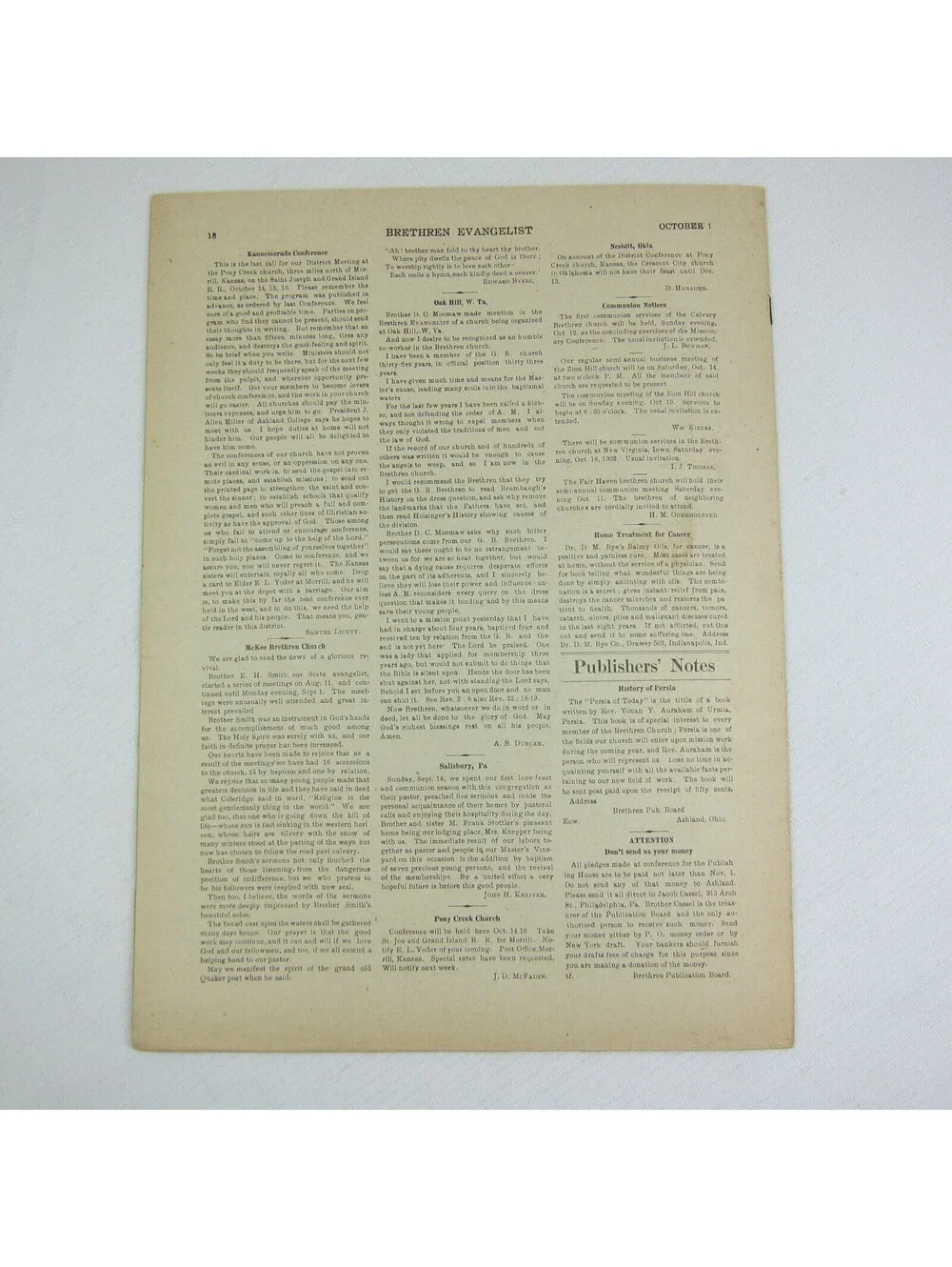 Brethren Evangelist Christian Newspaper Ashland Ohio Antique October 1st 1902
